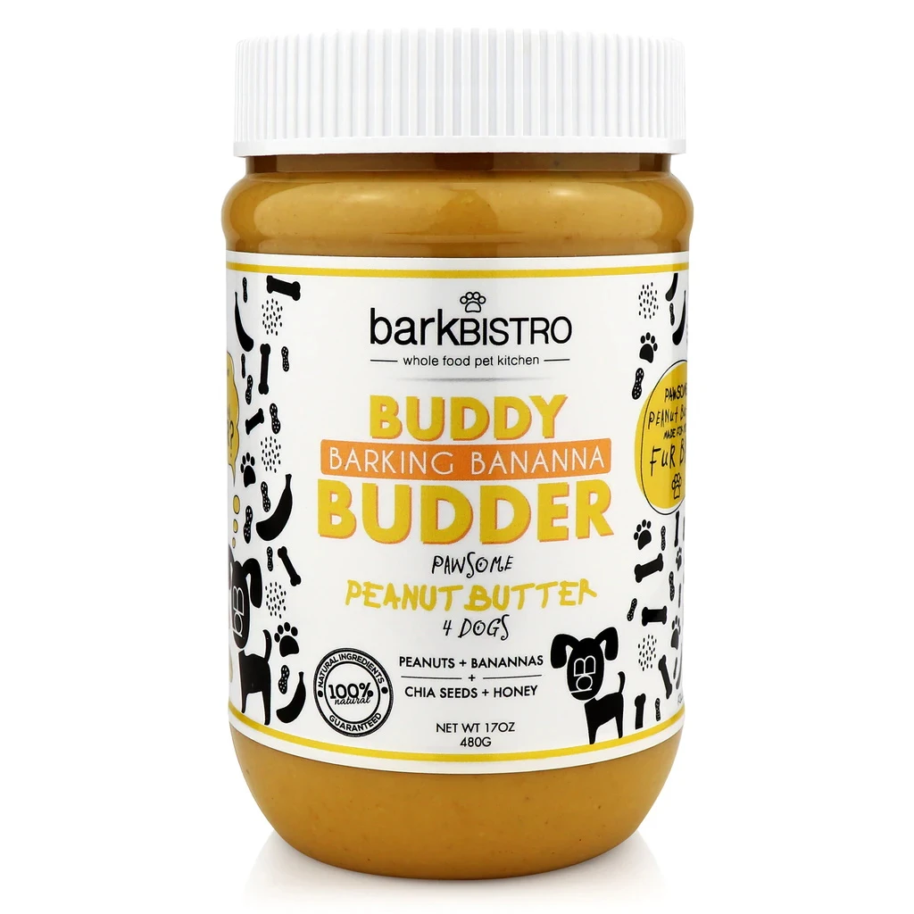 Bark Bistro Company Buddy Budder Barking Banana Peanut Butter Lickable Dog Treat, 17-oz Jar