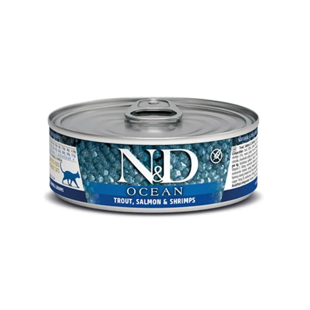 Farmina N&D Ocean Feline Trout, Salmon & Shrimps Canned Cat Food, 2.46-oz Cans, Case Of 24