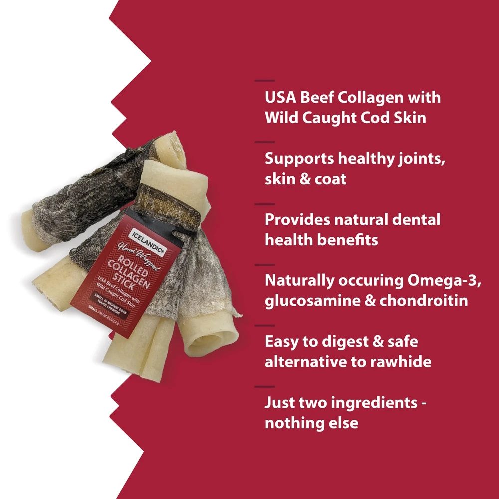 Icelandic+ Hand Wrapped Rolled Collagen Stick With Cod Skin Dog Treats, 4-Inch, 12-ct Case - Image 3