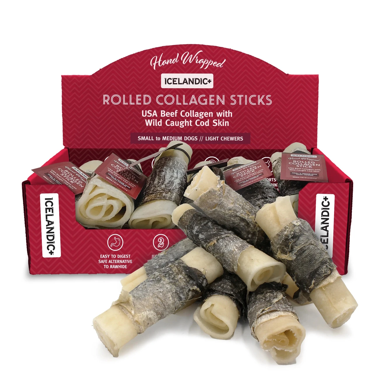 Icelandic+ Hand Wrapped Rolled Collagen Stick With Cod Skin Dog Treats, 4-Inch, 12-ct Case
