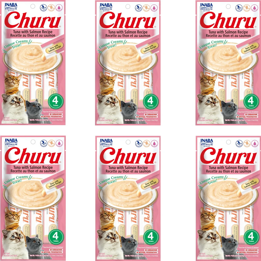 Inaba Churu Grain-Free Tuna With Salmon Puree Lickable Cat Treat, 0.5-oz Tubes, 6 Packs Of 4 Tubes