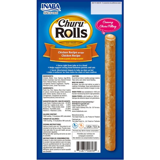 Inaba Churu Rolls Chicken Recipe Wraps Chicken Recipe Grain-Free Cat Treats, 6 Packs Of 4 Rolls - Image 2