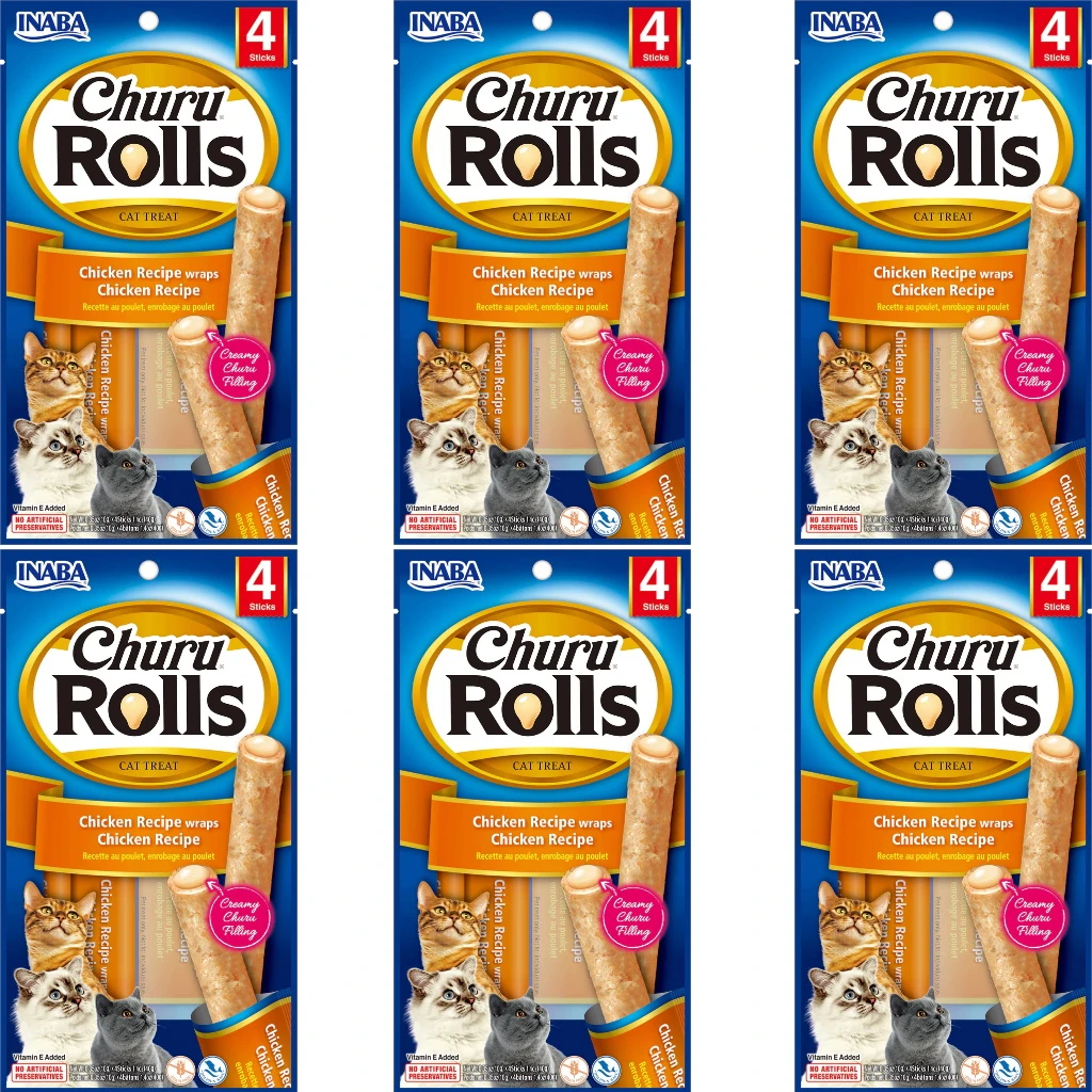 Inaba Churu Rolls Chicken Recipe Wraps Chicken Recipe Grain-Free Cat Treats, 6 Packs Of 4 Rolls