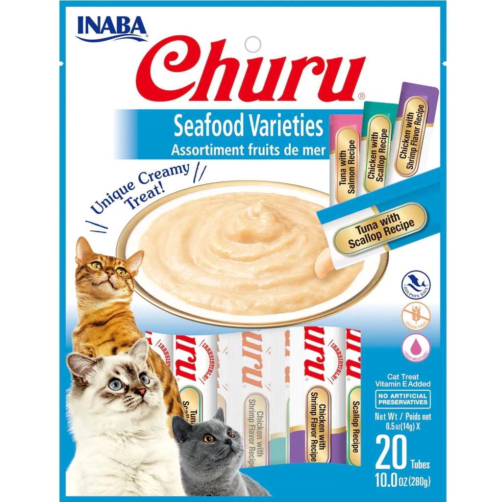 Inaba Churu Seafood Puree Variety Pack Grain-Free Lickable Cat Treat, 20-Tubes