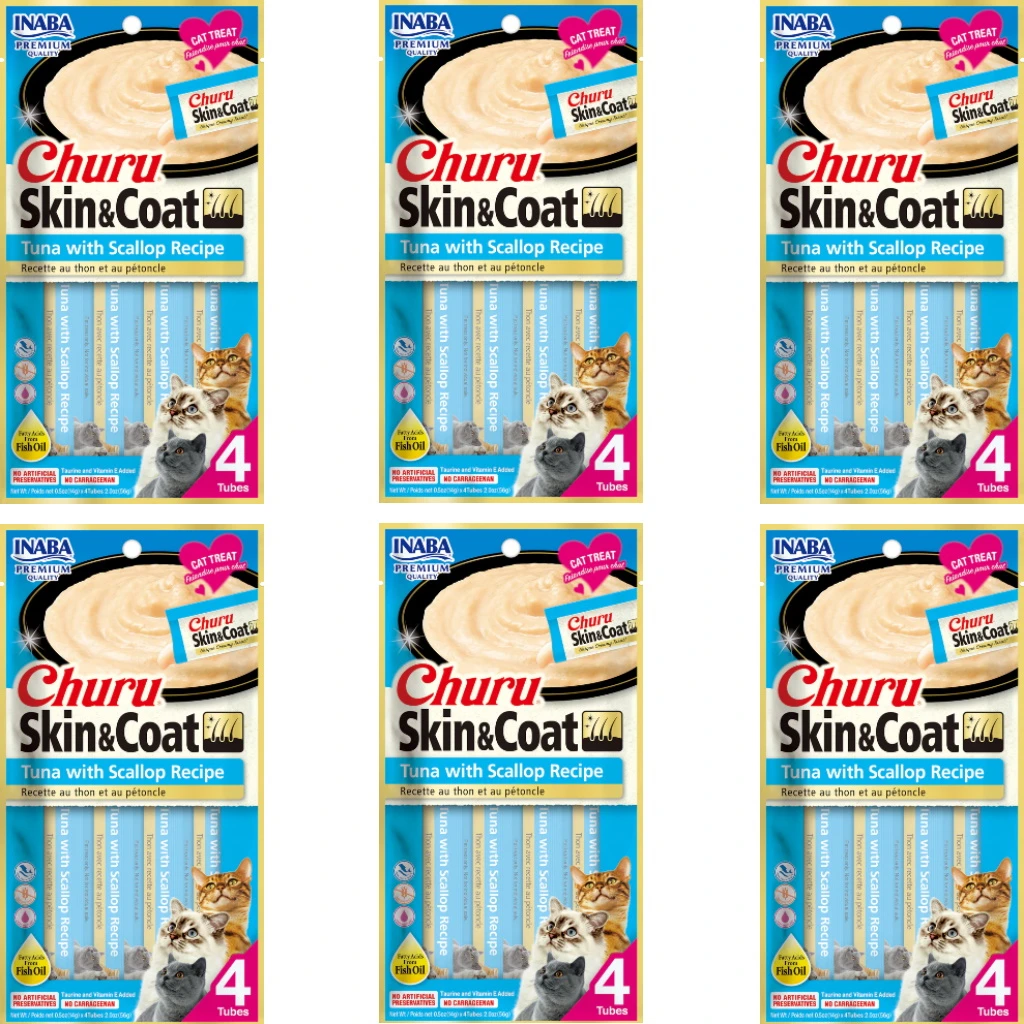 Inaba Churu Skin & Coat Tuna With Scallop Puree Lickable Cat Treat, 0.5-oz Tubes, 6 Packs Of 4 Tubes
