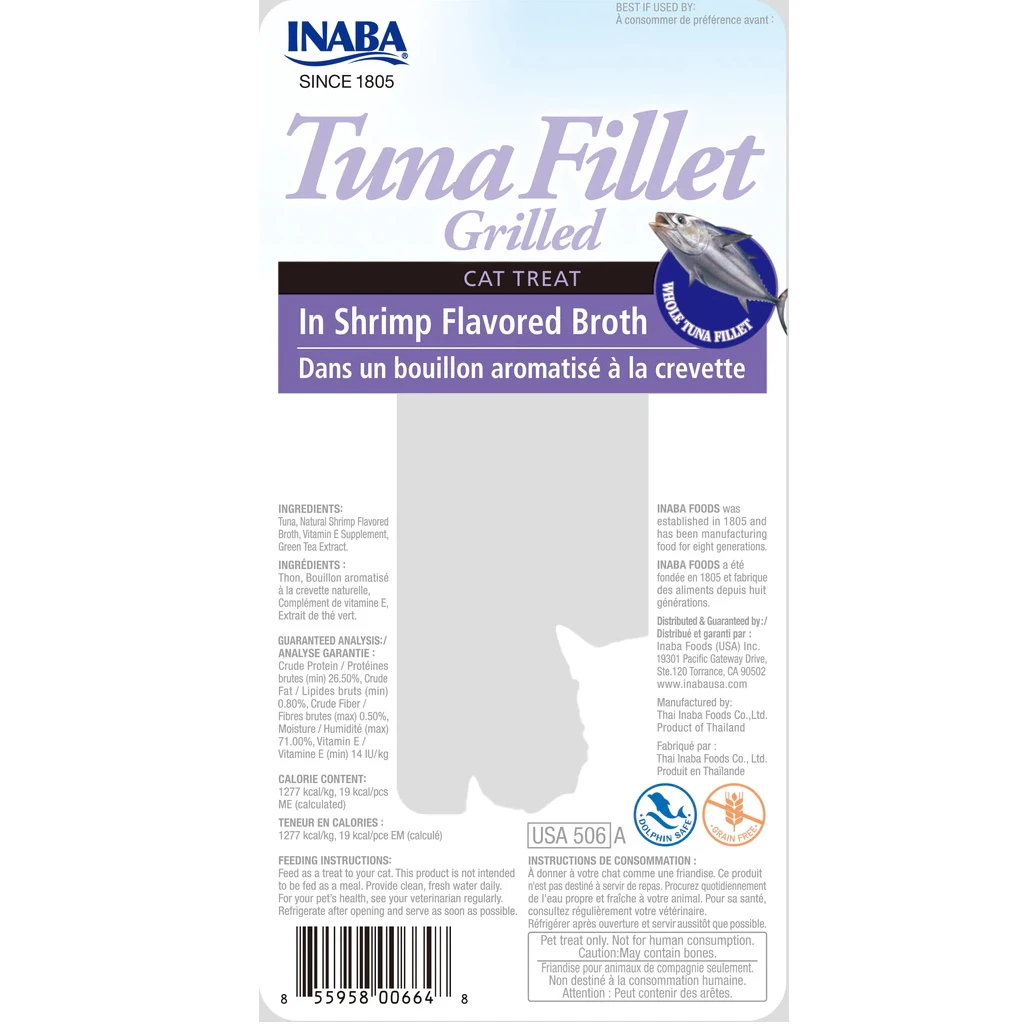 Inaba Grain-Free Grilled Tuna Fillet In Shrimp Flavored Broth Cat Treat, 0.52-oz Pouch, Pack Of 6 - Image 2