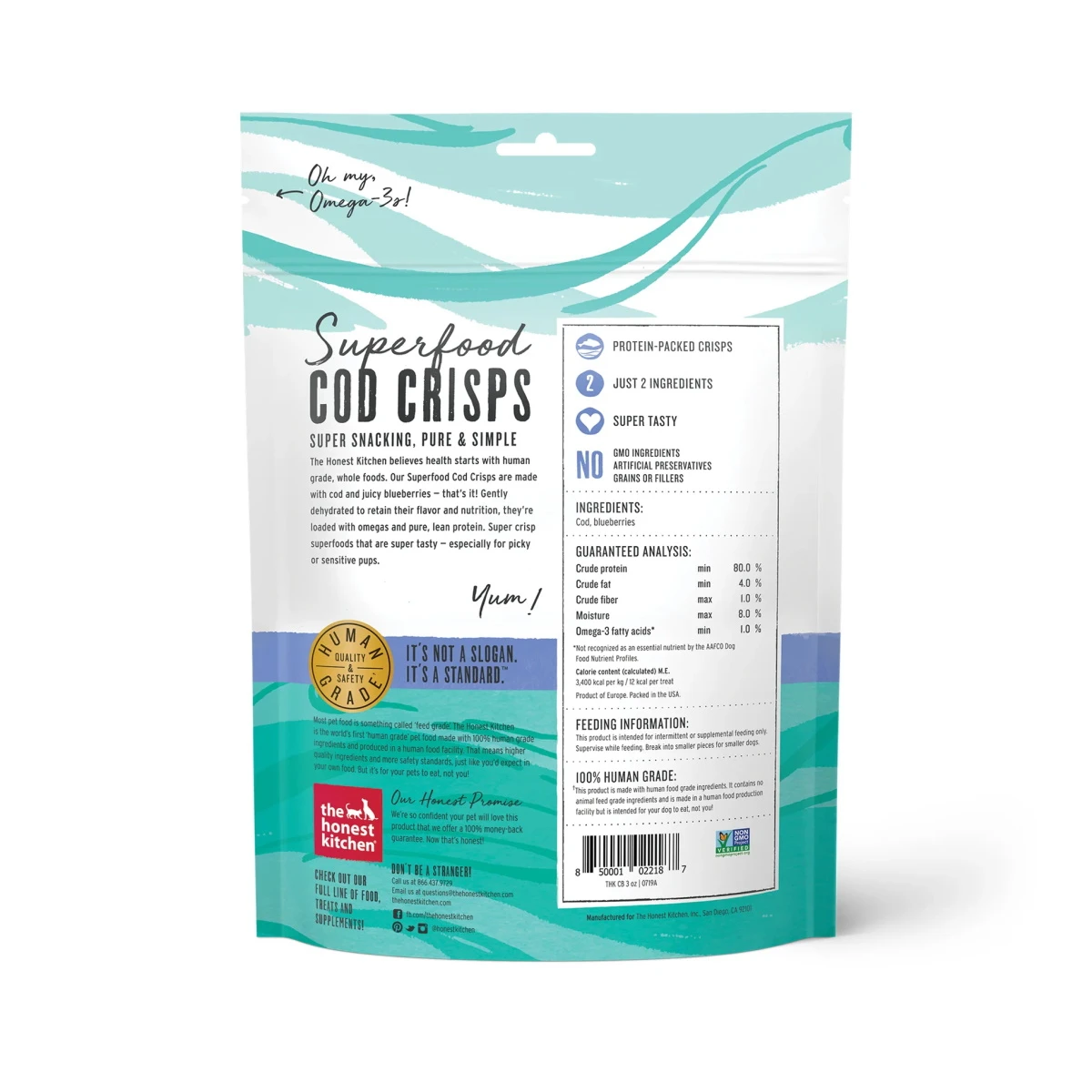 The Honest Kitchen Superfood Cod Crisps Cod & Blueberry Dehydrated Dog Treats, 3-oz Bag - Image 2
