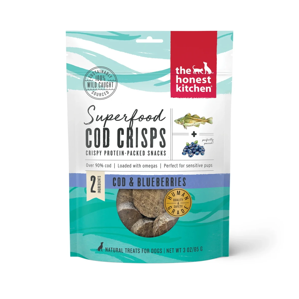 The Honest Kitchen Superfood Cod Crisps Cod & Blueberry Dehydrated Dog Treats, 3-oz Bag