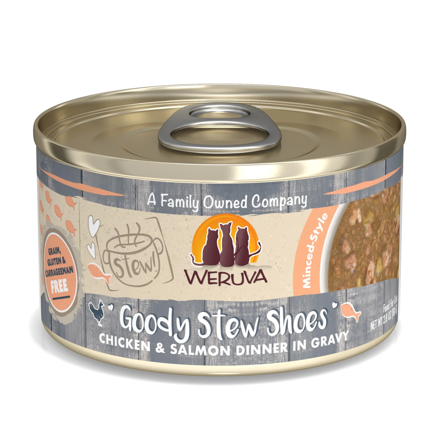 Weruva Classic Cat Goody Stew Shoes Chicken & Salmon In Gravy Stew Canned Cat Food, 2.8-oz Can, Case Of 12